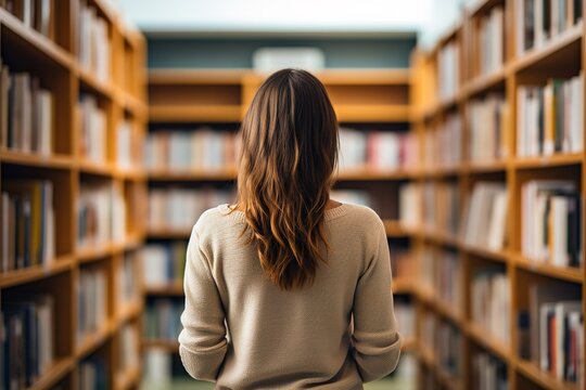 View From The Back Of A Young Woman With Wavy Hair In A Light Sweater Stands In A Bookstore Among The Shelves With Books