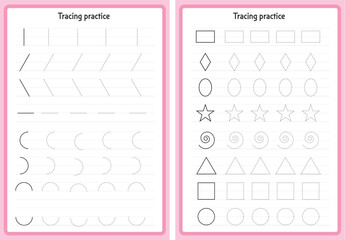 Basic Tracing for kids. Preschool tracing worksheet for handwriting motor skills. Dashed shapes to trace. Hand-eye Coordination motor skills for children.
