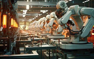 Robots machine, working in microchip computer part factory
