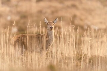 Deer standing alone in a grassy meadow surrounded by a bright and sunny day
