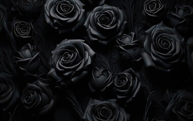 Fototapeta premium black roses forming a straight border on a solid black background