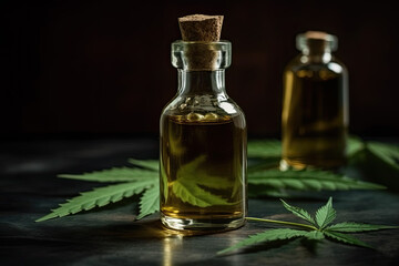 Obraz na płótnie Canvas Cannabis leave and oil on dark background. CBD oil hemp products, medical marijuana