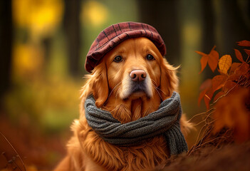 A solid golden retriever in a cap and scarf walks in an autumn park among yellow foliage. AI Generated
