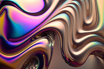 Iridescent liquid metal background, abstract fluorescent neon leak background, holographic neon curved wave in motion colorful backdrop, gradient ultraviolet viscous design, generative ai