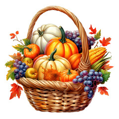 Thanksgiving Basket Decorations with Fruits, Pumpkins and Autumn Leaves Watercolor Clipart on Transparent Background.