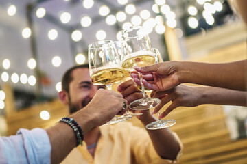 Multicultural Friends Toasting in Restaurant - Group toasting with wine, joyous faces and bokeh...