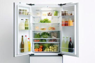 Vegetables, fruits, and beverages in the refrigerator. AI technology generated image