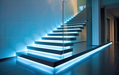 Floating steps with LED strip lights underneath each stair