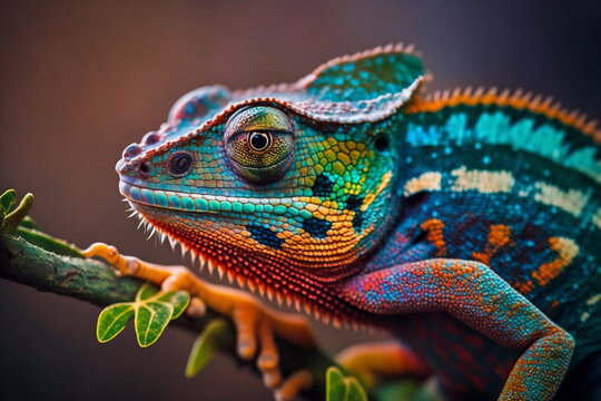 Colorful chameleon lizard close up, chameleon sits on a branch, generated ai