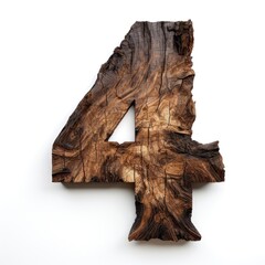 the number 4 made of old oak, burnt oak, many cracks, white background