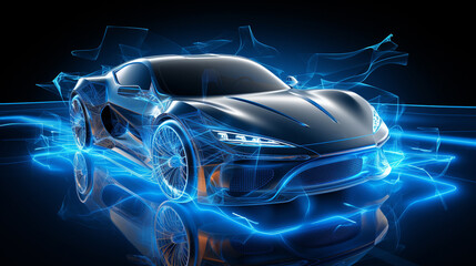 Speeding Sports Car On Neon Highway. Powerful acceleration of a supercar on a night track with colorful lights and trails. 3d render