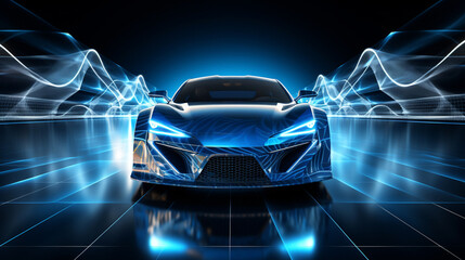 Speeding Sports Car On Neon Highway. Powerful acceleration of a supercar on a night track with colorful lights and trails. 3d render