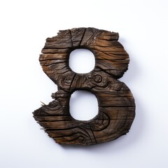 the number 8 made of old oak, burnt oak, many cracks, white background