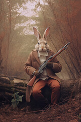 A rabbit dressed as a gentleman hunting with a gun. Generative AI