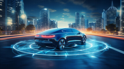 Fototapeta na wymiar Autonomous self driving electric car change the lane and overtakes city vehicle