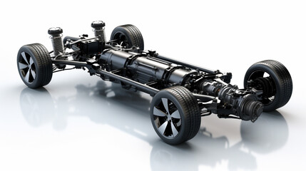 Car chassis with engine. Image of car chassis with engine isolated on white. 3d rendering - obrazy, fototapety, plakaty