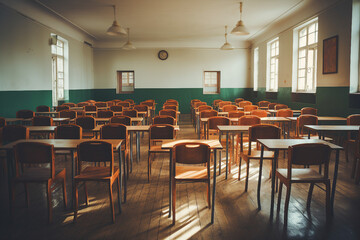 Obraz premium Generative ai picture collage of classroom interior with school desks chair for different lecture seminar