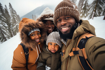 Generative AI picture of amazing young family three members traveling together mom dad son daughter hiking winter woods