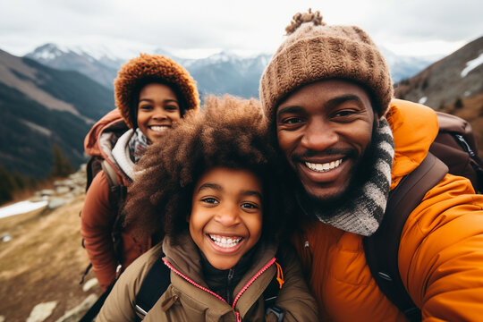Generative AI picture of amazing young family three members traveling together mom dad son daughter hiking winter woods
