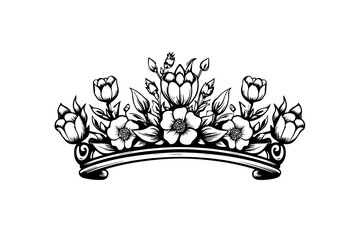 Hand drawn flower crown ink sketch. Vintage engraved vector illustration.
