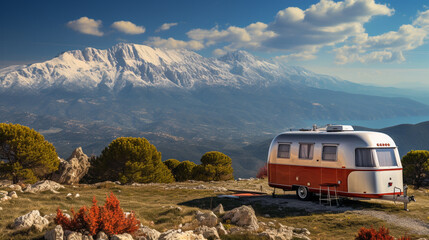 Camper decorated with ribbons against the backdrop of autumn mountains. Near the village of Golotl in the Khunzakh region of the Republic of Dagestan. - obrazy, fototapety, plakaty