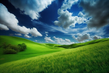 Obraz premium Beautiful field nature landscape background with blooming glade, trees, hills and blue sky, generative ai