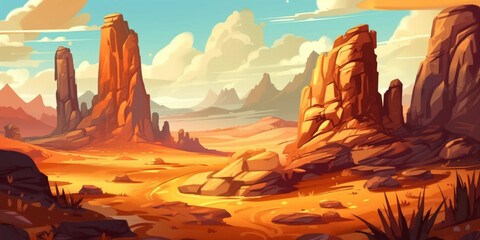 Сartoon yellow african sahara desert landscape background with cloudy sky, generated ai