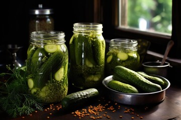 Homemade fermented pickled cucumbers in a jar.