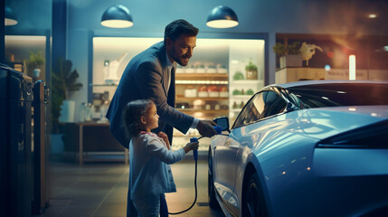 Progressive father and daughter plugs EV charger from home charging station to electric vehicle. Future eco-friendly car with EV cars powered by renewable source of clean energy. - obrazy, fototapety, plakaty