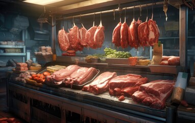 counter with meat in the market, different types of meat