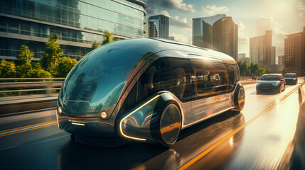 Plakat Self-driving shuttle bus waiting at bus station. The bus station equipped with solar panels for electric power. 3D rendering image.