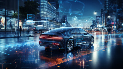 Fototapeta premium Shot of a Futuristic Self-Driving Van Moving on a Public Highway in a Modern City with Glass Skyscrapers. Beautiful Female and Senior Man are Having a Conversation in a Driverless Autonomous Vehicle.