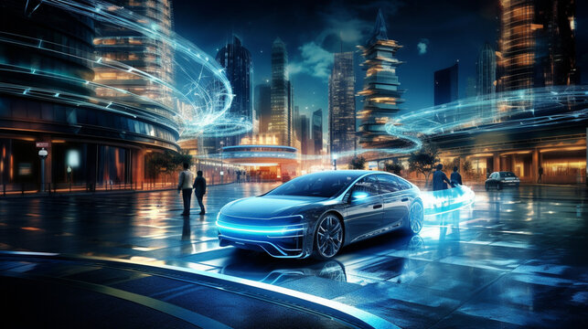 Shot of a Futuristic Self-Driving Van Moving on a Public Highway in a Modern City with Glass Skyscrapers. Beautiful Female and Senior Man are Having a Conversation in a Driverless Autonomous Vehicle.