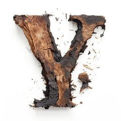 letter Y made of old oak, burnt oak, many cracks, white background