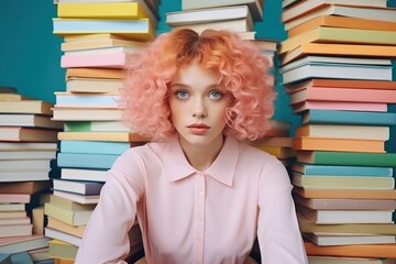 A vibrant young woman with a bright pink hairdo stands confidently in an indoor setting, her arms filled with an overflowing stack of books, ready to tackle the school day with style and ambition
