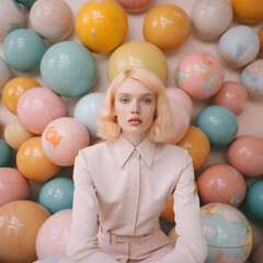Fototapeta na wymiar A young woman dressed in her school uniform is joyfully surrounded by an explosion of vibrant easter balloons, creating a vibrant and playful atmosphere inside