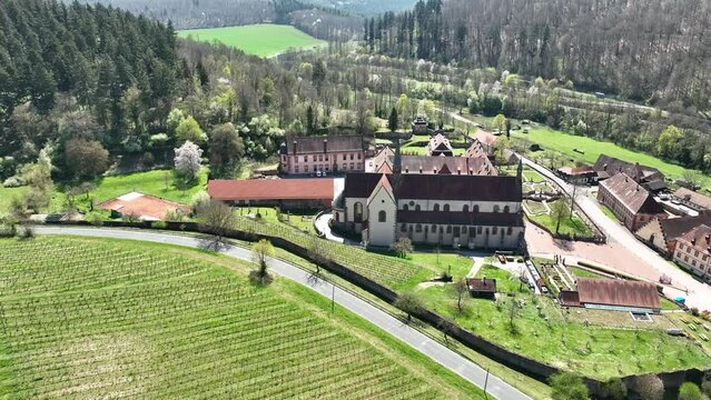 Aerial view, flight at Bronnbach, Monastery, castle, garden, church, Wertheim, Baden-W&uuml;rttemberg, Germany,