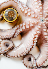 big nice fresh raw Octopus and other Ingredients. food Background