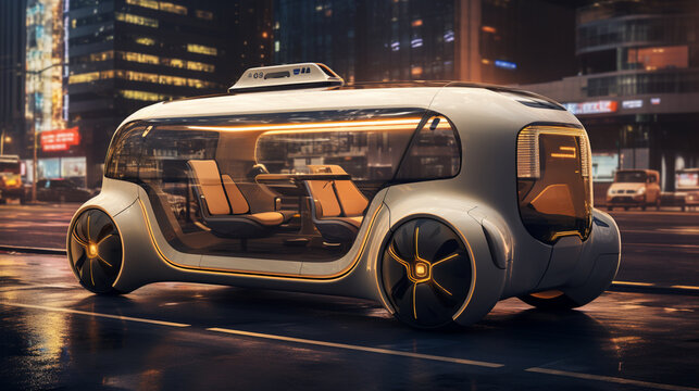 Futuristic electric car very fast driving on highway. Futuristic city concept. 3d rendering. 3D Illustration