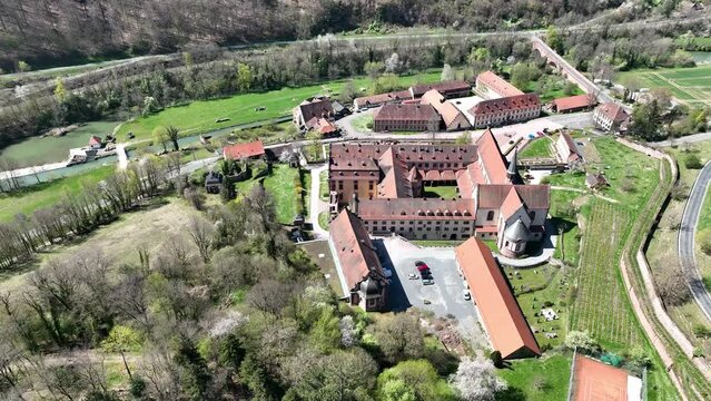 Aerial view, flight at Bronnbach, Monastery, castle, garden, church, Wertheim, Baden-W&uuml;rttemberg, Germany,