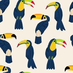 Seamless pattern with hand drawn toucan on light background. Vector illustration