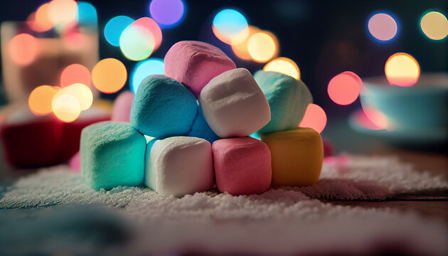 Colorful marshmallows on the table with colorful lights in the background. Soft focus, bokeh, Ai generated image