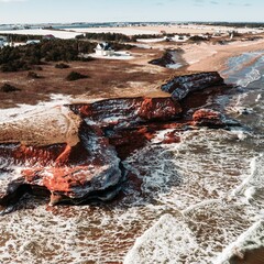 Aerial view over the beautiful Thunder Cove in Prince Edward Island, Canada