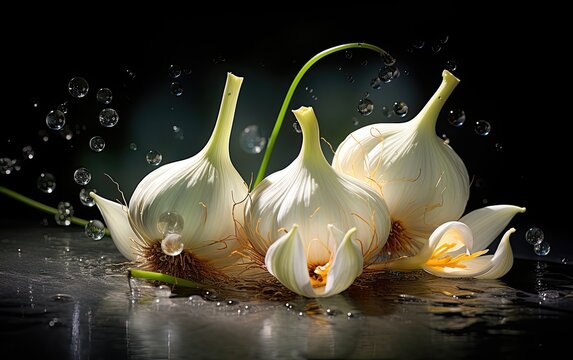Bulbs of garlic with garlic cloves scattered