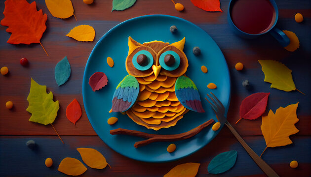 Creative kids breakfast, owl pancakes. Delicious and colorful children meal idea, Ai generated image
