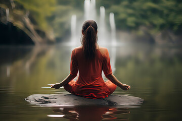 The woman sitting in lotus is meditating. AI technology generated image