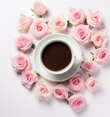 Obraz na płótnie Canvas Coffee cup with roses flowers