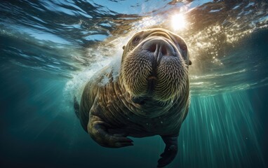 under water nature photography of a exotic walrus swimming underwater
