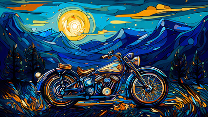 Hand-painted cartoon beautiful artistic motorcycle illustration

