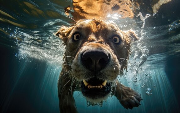under water nature photography of a dog swimming underwater